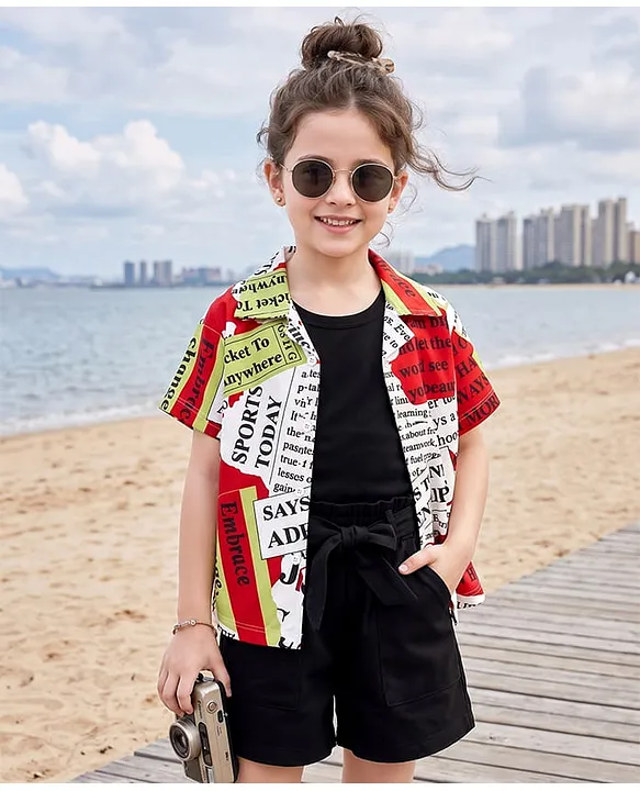 Ollington St. Girls Cotton Knit Half Sleeves Printed Shirt Top With Inner Tee & Shorts - Multicolour & Black